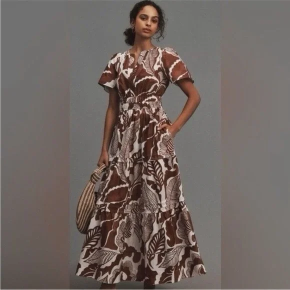 Anthropologie Brown and White Patterned Somerset Dress - Picture 1 of 8